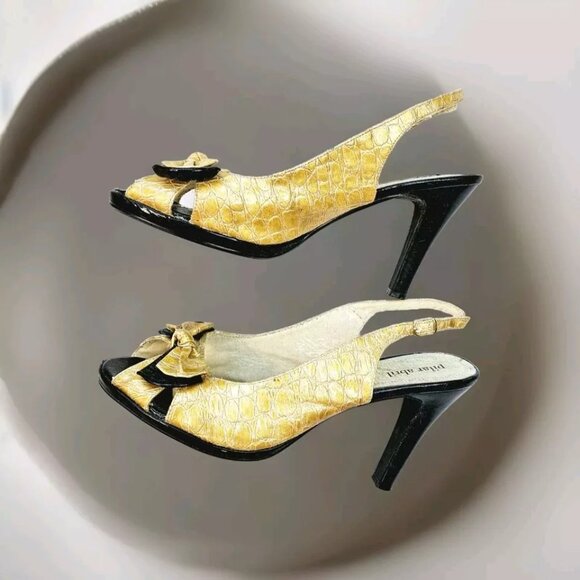 Pilar Abril Peep Toe Slingback Heels Gold Leather Croc with Bow Womens 9.5 EU 41 - Picture 4 of 7